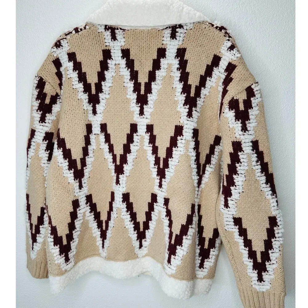 a. peach Tan Ivory Burgundy Southwest Print Button Collared Sweater Jacket S - Picture 7 of 13